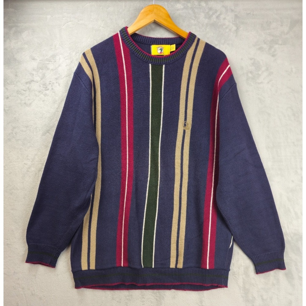 Vintage Duck Head Crewneck Navy Sweater Striped Cotton Large USA Made 90s